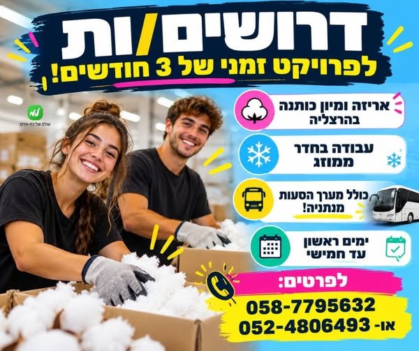 דרוש/ה ינו/ות בר זמני של 3 כ - ימים ראשון בהרצליה