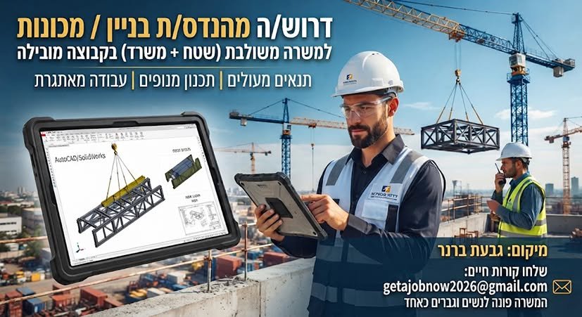 דרוש/ה מהנדס/ת ג'וניור בניין או מכונות למחלקת הנדסה ופרויקטים בחברה מובילה בגבעת ברנר