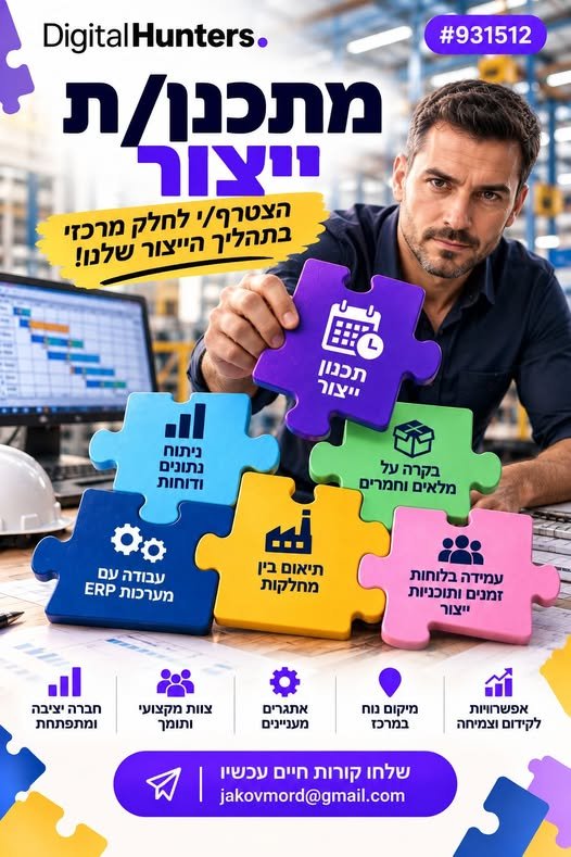 דרוש/ה פלנר/ית ייצור לתפקיד מרכזי בתכנון הייצור, בקרת חומרים ותיאום בין כלל הממשקים התפעוליים באשקלון
