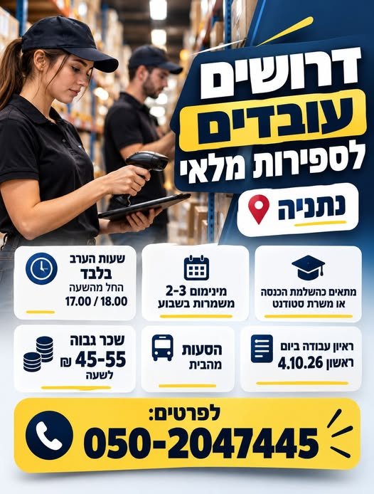 דרושים עובדים/ות לספירות מלאי בנתניה עבודה בערב ו45–55