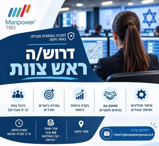 דרוש/ה ראש צוות* לחברה ביטחונית מובילה באזור חיפה *במסגרת התפקיד:* • ניהול והובלה מקצועית של צוות קטן המונה כ - 5 עובדים, כולל חניכה, ליווי ומתן משובים שוטפים
