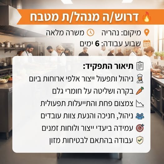 דרוש/ה מנהל/ת מטבח ומפעל מזון ונהריה