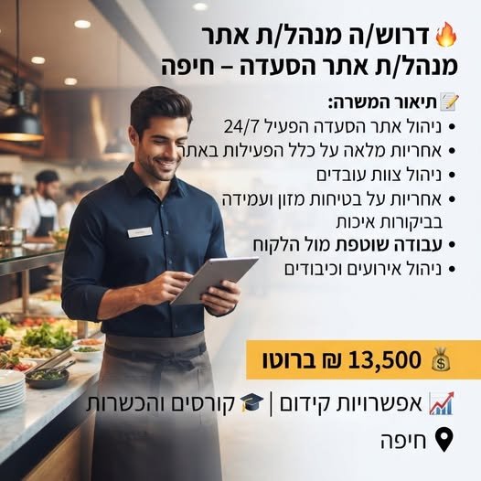 דרוש/ה מנהל/ת אתר % מנהל/ת אתר הסעדה - חיפה > תיאור המשרה: © ניהול ANN הסעדה הפעיל 24/7 © אחריות מלאה על כלל הפעילות באתן, © ניהול צוות עובדים + אחריות על בטיחות מזון ועמידה בביקורות איכות * עבודה שוטפת מול הלקוח * ניהול אירועים וכיבודים &