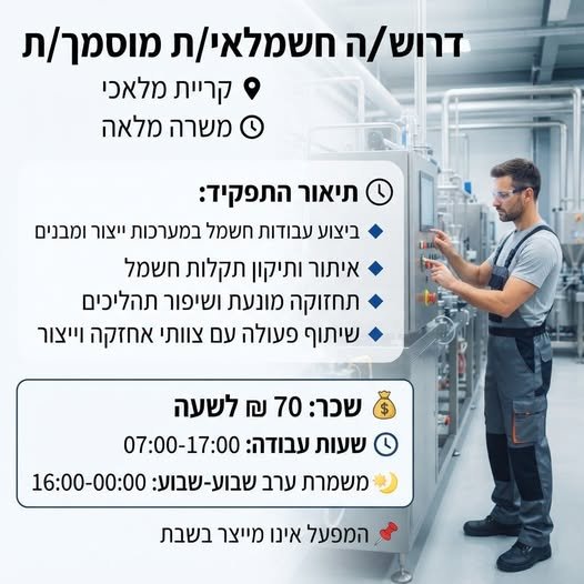 דרוש/ה חשמלאי/ת מוסמך/ת – לחברה מובילה בתחום המזון בקריית מלאכי