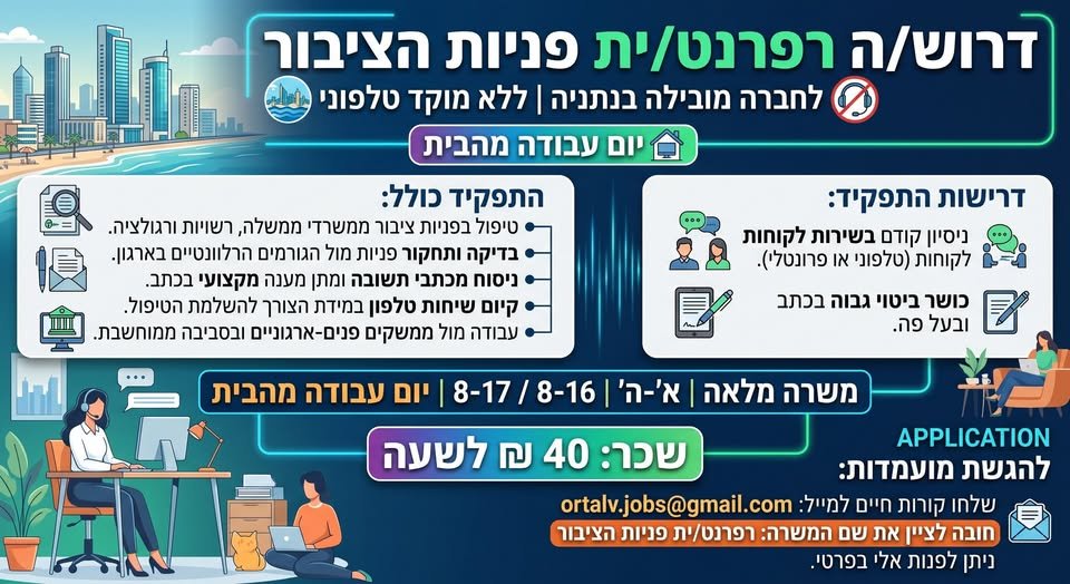 דרוש/ה רפרנט/ית פניות הציבור לחברה מובילה בנתניה