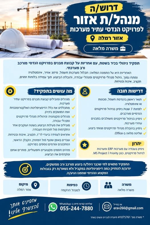 דרוש/ה מנהל/ת אזור לניהול קבוצת מבנים בפרויקט מורכב ורב - מערכתי ברמלה
