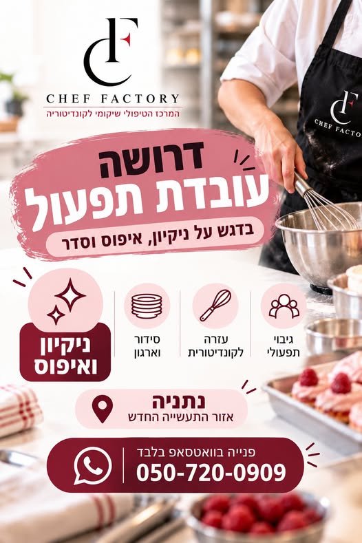 דרוש/ה עובדת תפעול וניקיון לשף פקטורי בנתניה