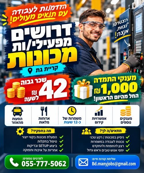 דרושים מפעילי/ות מכונות – קריית גת