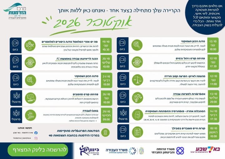 דרוש/ה.ת עבודה ? הפעילויות שלנו לאוקטובר והכל ללא עלות! פרטים והרשמה לחצו על הלינק בבאר שבע