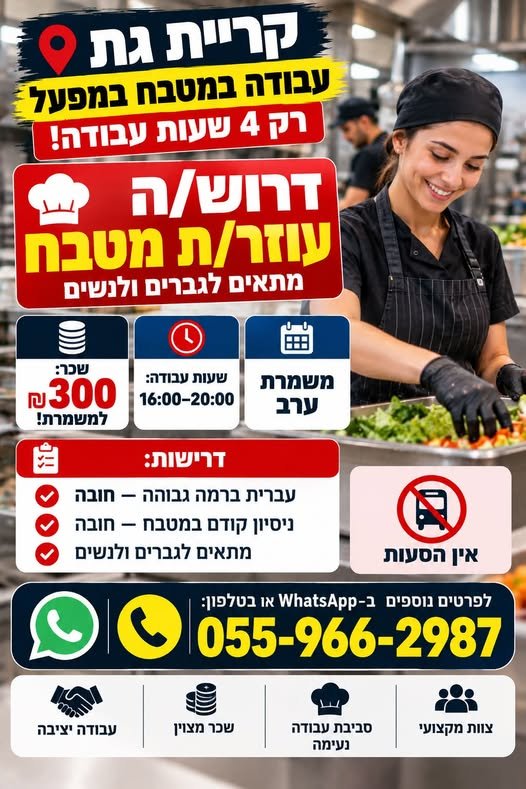 דרוש/ה עוזר/ת מטבח מתאים לגברים ולנשים 300 בקריית גת