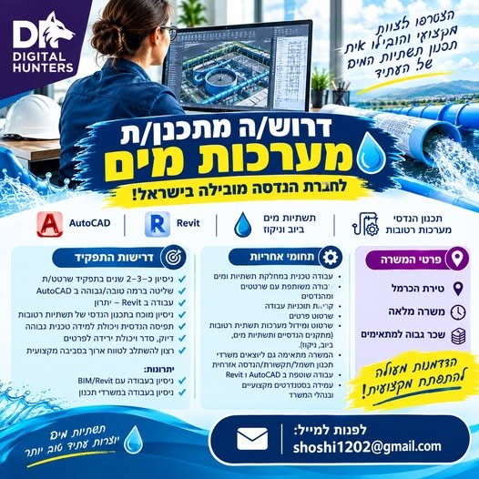 דרוש/ה מתכנן/ת מערכות מים לתפקיד מקצועי ומאתגר בטירת הכרמל