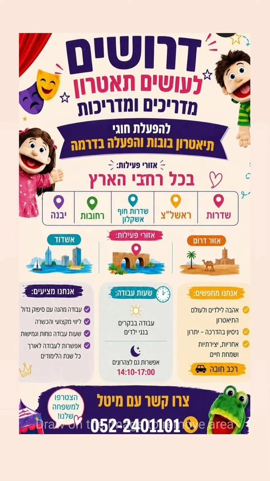 דרושים מדריכים לתכנית תאטרון בובות בגני ילדים באר שבע אופקים נתיבות