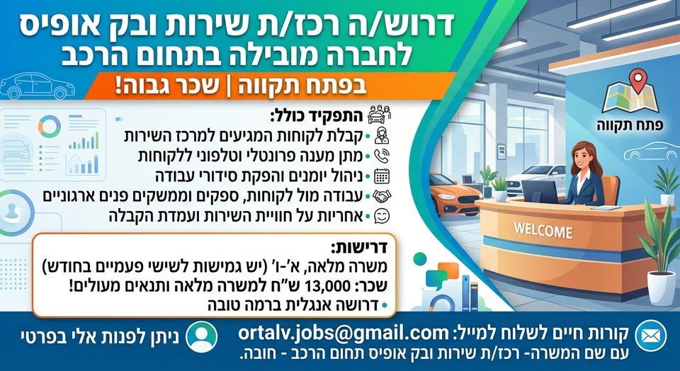 דרוש/ה רכז/ת שירות ובק אופיס לחברה מובילה בתחום הרכב בפתח תקווה