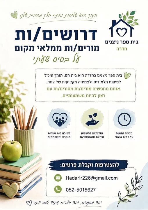 דרושים בית ספר ניצנים חדרה מורים/ות ממלאי מקום olor iy 3/6 בית ספר ניצנים בחדרה הוא בית חם, תומך ומכילל לטיפוח תלמידיח ולצמיחה מקצועית של צוות