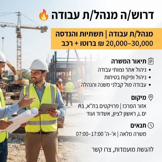 דרוש/ה מנהל/ת עבודה וחברת תשתיות והנדסה ואזור המרכז תיאור המשרה: ניהול אתר הביצוע וצוותי העבודה ניהול ופיקוח על בטיחות באתר ניהול קבלני משנה עבודה שוטפת מול גורמי פיקוח והנהלה העבודות בשטח משתנות על פי פרויקטים: תל אביב / בת ים / ראשון לצ