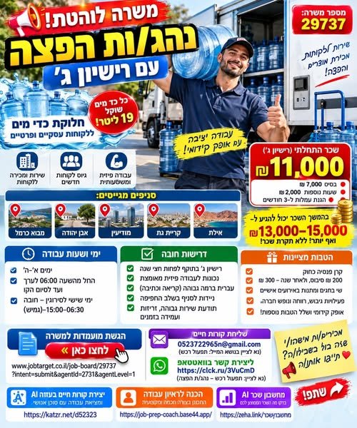 דרושים נהגי/ות הפצה לחלוקת כדי מים ללקוחות פרטיים ועסקיים בקריית גת