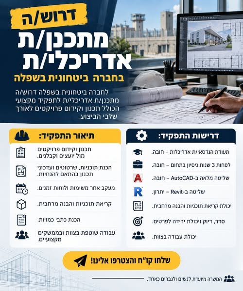 דרוש/ה מתכנן/ת אדריכלי/ת לחברה ביטחונית בשפלה