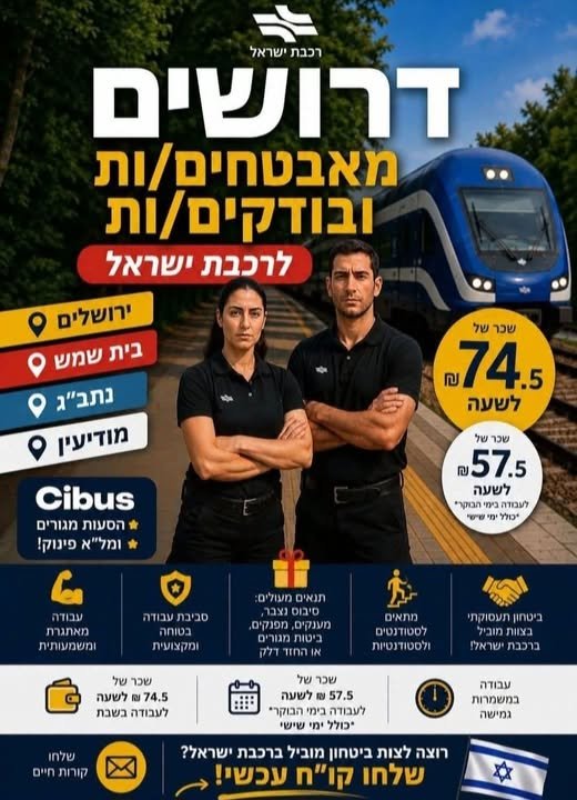דרושים מאבטחים/ות ובודקים/ות לרכבת ישראל בבית שמש