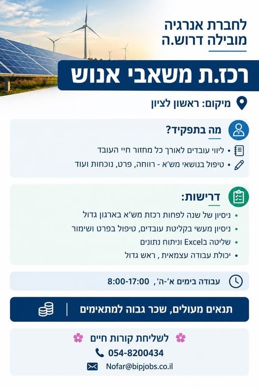 דרוש/ה רכז/ת משאבי אנוש בראשון לציון