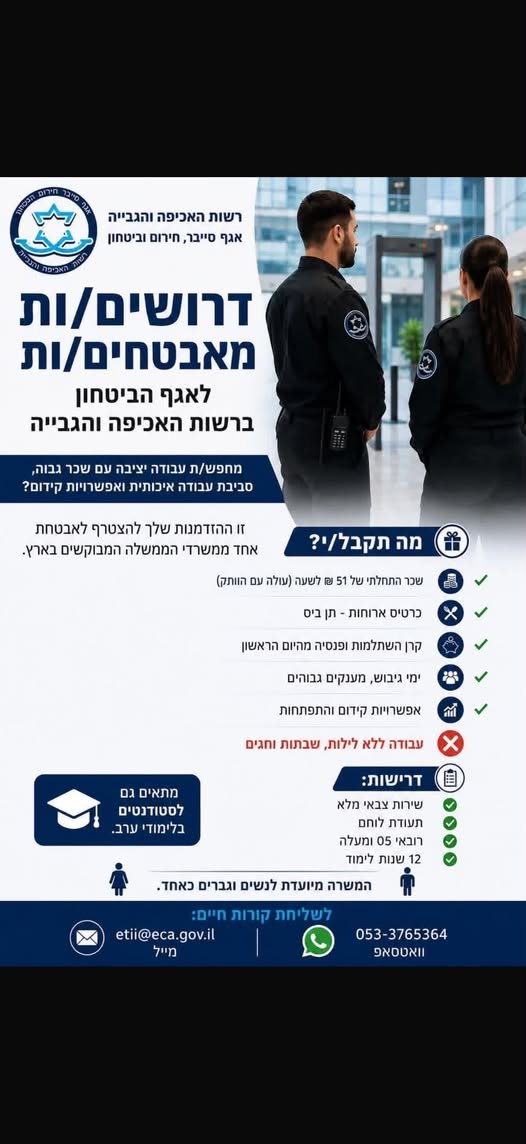 דרושים מאבטחים לרשות האכיפה והגביה - סניף עכו