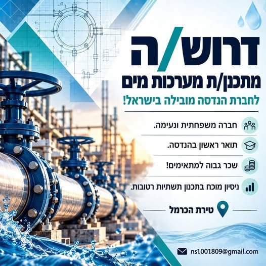דרוש/ה מתכנן/ת מערכות מים לחברת הנדסה מובילה בישראל בטירת הכרמל
