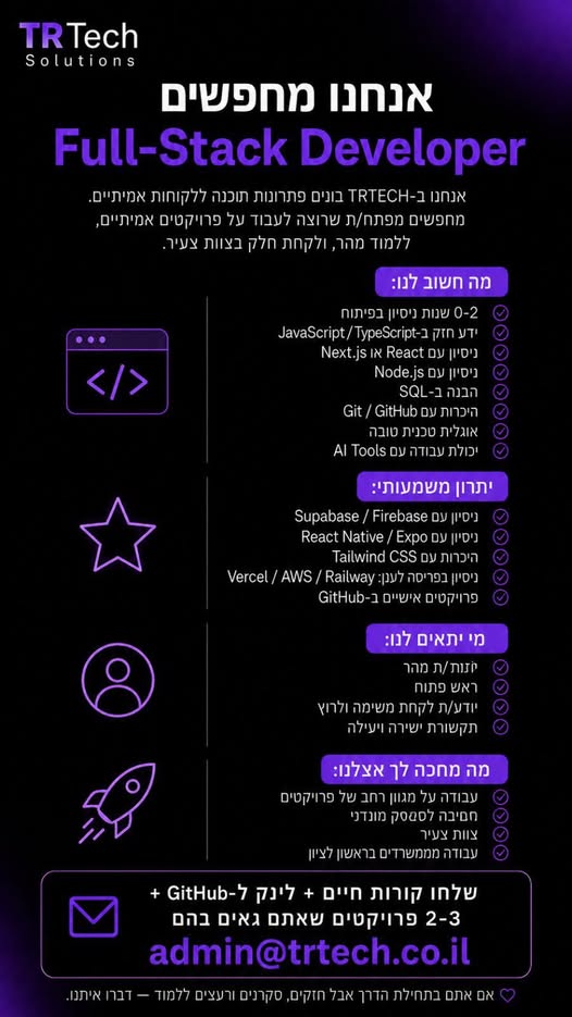 דרוש עובד/ת בתחום פיתוח תוכנה בכל הארץ