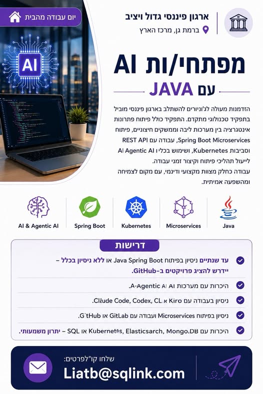 דרוש עובד/ת בתחום פיתוח תוכנה ברמת גן