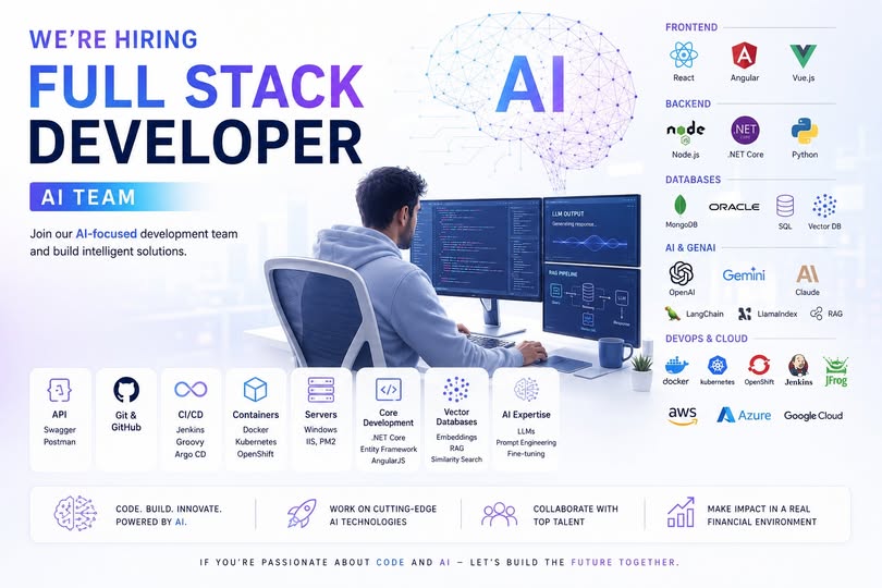 דרושים Fullstack Developer להצטרפות לצוות Data העוסק בעולמות ה - AI וה - GenAI. 3+ שנות ניסיון בפיתוח Full Stack ניסיון ב - React / Angular / Vue ניסיון ב - Node.js עבודה עם SQL ו - NoSQL היכרות עם Docker, Kubernetes ו - CI/CD – יתרון ניסיון או היכרות במר