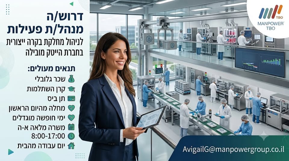 דרושים את האתגר הניהולי הבא שלכם בעולמות שרשרת האספקה והייצור? חברת הייטק גלובלית מובילה, הממוקמת בפארק המדע ברחובות (דקה הליכה מהרכבת), מתרחבת ומחפשת מנהל/ת צוות לתמיכה בתהליכי תפ