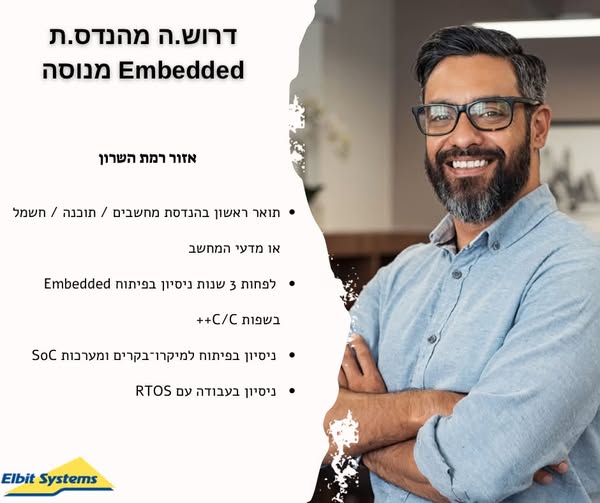 דרוש/ה מהנדס/ת Embedded לחברה מובילה ברמת השרון מחפשים מפתח/ת Embedded עם ניסיון בפיתוח למערכות מורכבות ועבודה מול חומרה? זו ההזדמנות להצטרף לצוות טכנולוגי חזק ולעבוד על מוצרים מתקדמים מקצה לקצה
