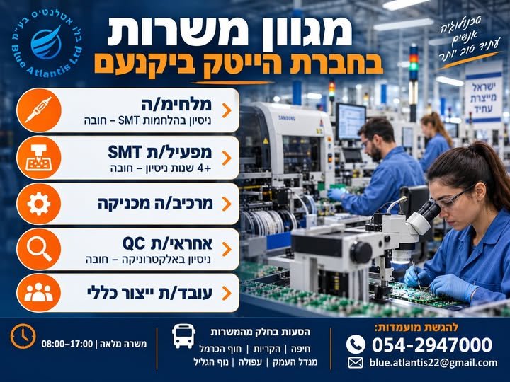 דרושים עבודה בסביבה טכנולוגית, מקצועית ומתקדמת? אנחנו מגייסים למספר תפקידים בתחום הייצור והאלקטרוניקה: מלחימ/ה • ביצוע הלחמות SMT עדינות ועבודה מוטורית מדויקת • ניסיון בהלחמות SMT – חובה • ניסיון בקריאת שרטוטים ובעבודה עם מיקרוסקופ – חוב ביקנעם